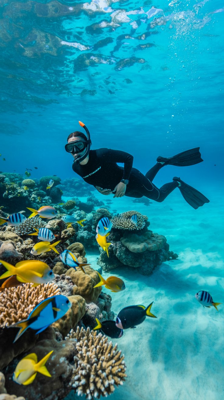 A photograph of a solitary snorkeler gracefully swimming amidst vibrant coral reefs in La Romana. The snorkeler is wearing a black wetsuit and a snorkeling mask, their face partially visible as they breathe calmly. Colorful schools of tropical fish—yellow tangs, blue chromis, and parrotfish—dart playfully around the coral formations, creating a kaleidoscope of underwater movement. Sunlight filters through the crystal-clear turquoise water, illuminating the scene and casting shimmering patterns on the sandy seabed below.