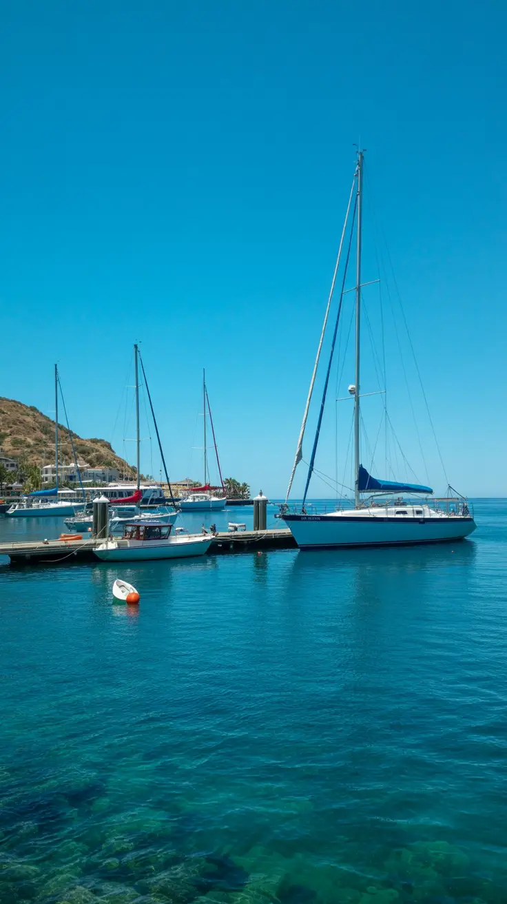 A high-resolution photo of Catalina Island’s harbor on a bright sunny day, featuring clear blue skies, calm turquoise water, and several sailboats gently floating near the dock.