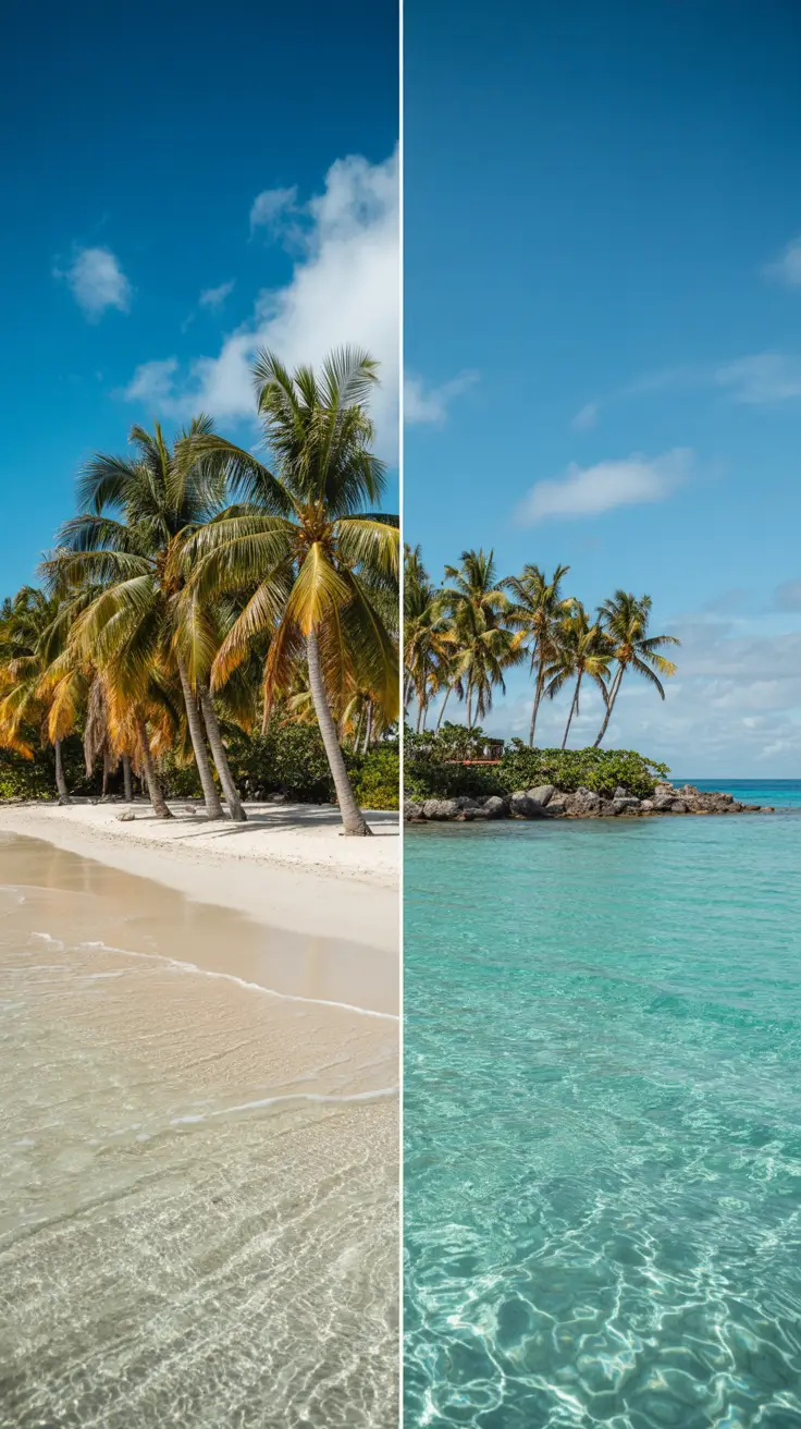 A bright sunny day casts golden light on crystal-clear turquoise waters lapping against a pristine white-sand beach, with tall palm trees swaying gently — one half shows Catalina Island, the other half shows Saona Island, split down the center in a seamless tropical contrast.