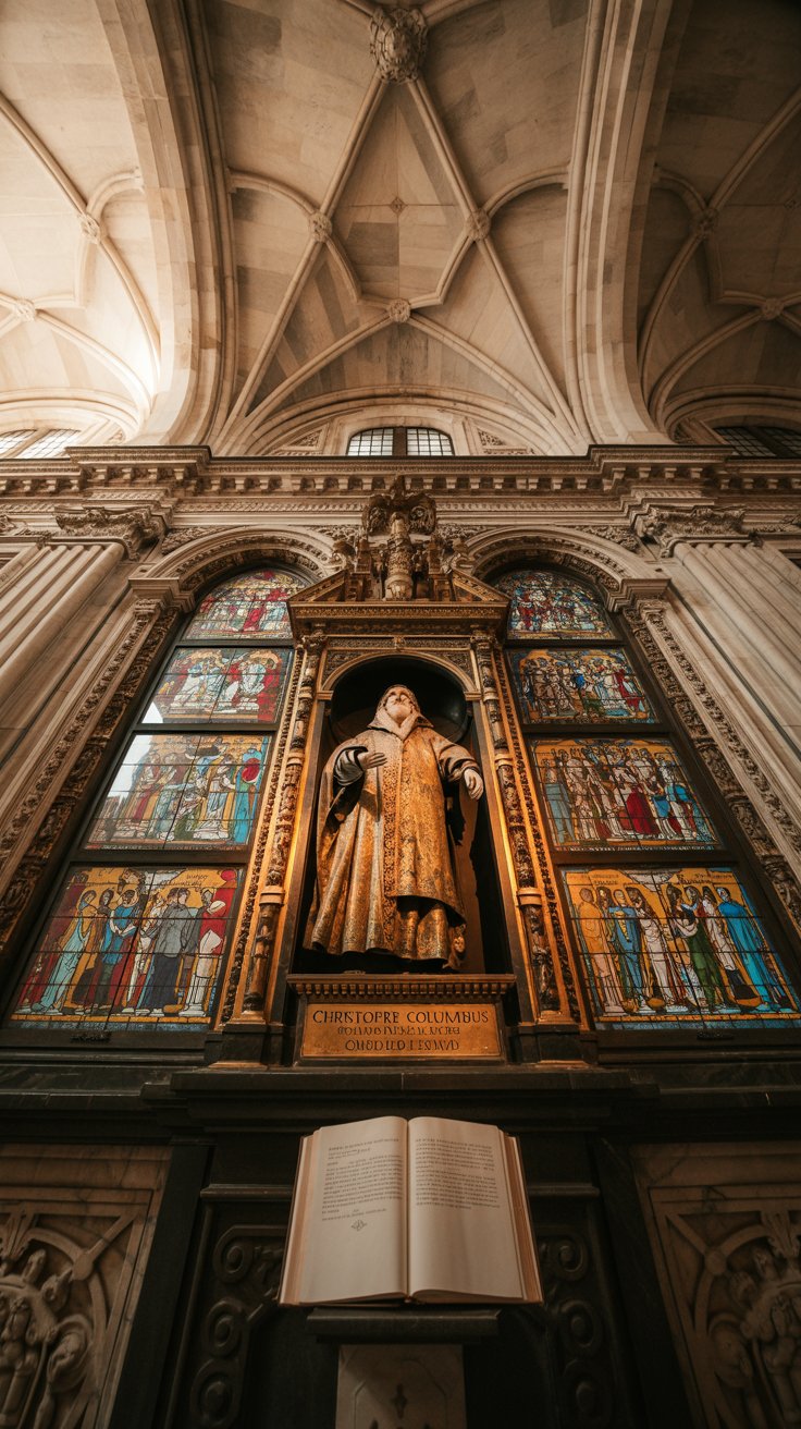 A photograph capturing the grandeur of the Catedral de Sevilla, focusing on the tomb of Christopher Columbus. The tomb, encased in elaborate bronze and marble, features a life-sized figure adorned in regal robes, illuminated by shafts of light filtering through vibrant stained-glass windows depicting scenes of faith and conquest. The vaulted ceilings above create a dramatic perspective, while intricate stonework details on the facade face the afternoon sun, highlighting the building's architectural complexity. A single, weathered prayer book lies open on a nearby pedestal, hinting at the site's continued use as an active place of worship.