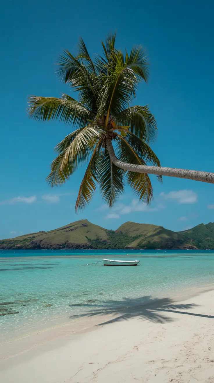 A sun-drenched stretch of powdery white sand curves along crystal-clear turquoise water, with a lone coconut palm casting a long shadow over the shore; a small white boat floats gently near the beach, and soft green island hills rise in the background, creating a serene tropical paradise.