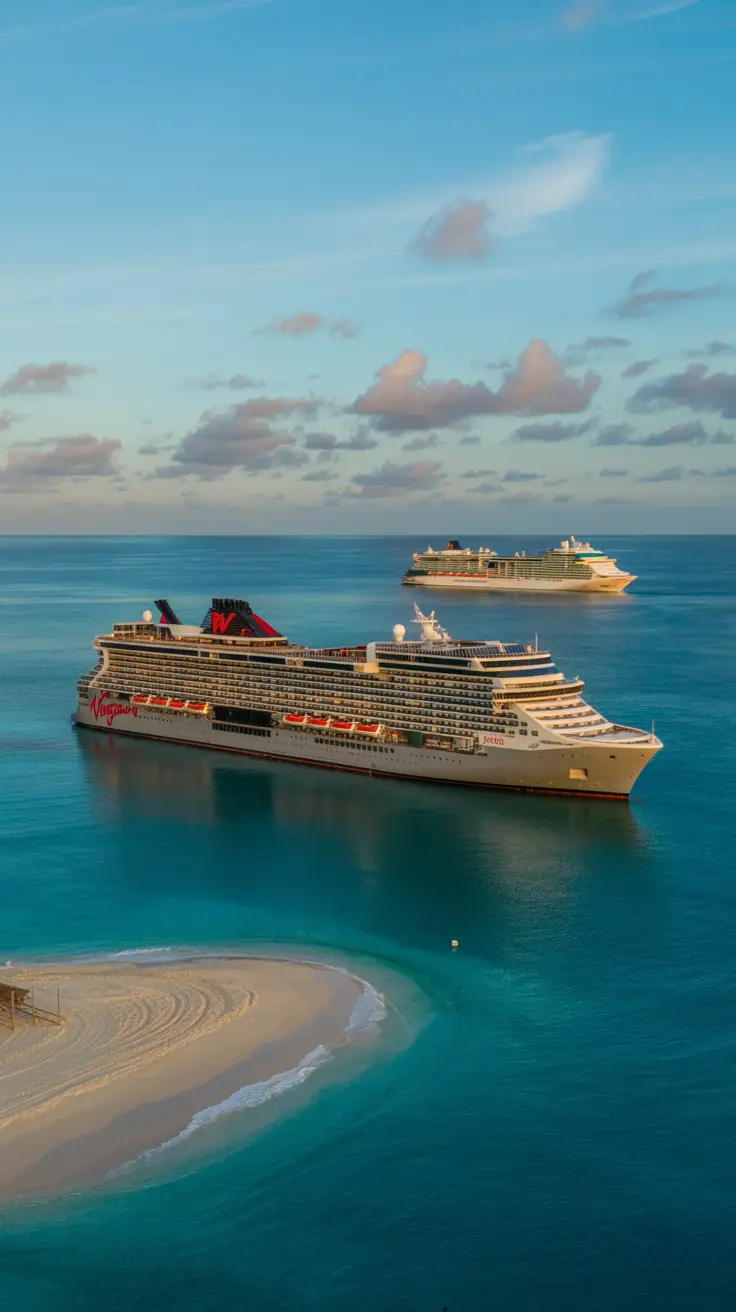 A sleek Virgin Voyages ship anchored near a quiet Bimini beach, its crimson accents glowing under the bright sun, while a gleaming white Celebrity Cruises vessel rests further out at sea against the clear turquoise water.