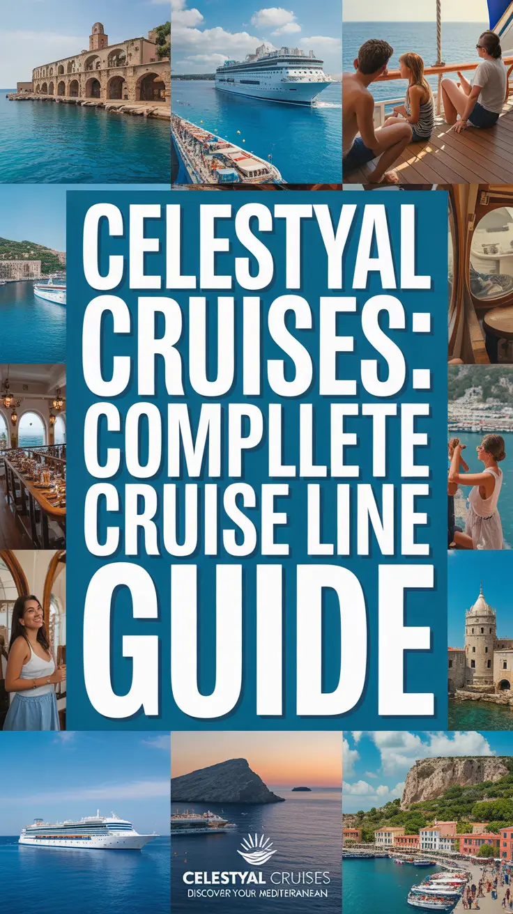 A vibrant lifestyle advertisement for Celestyal Cruises, featuring a warm-toned collage of Mediterranean scenes—turquoise waters, ancient ruins, lively harbors, and joyful passengers. Centered bold text reads "Celestyal Cruises: Complete Cruise Line Guide," with the logo and tagline "Discover Your Mediterranean" subtly placed. Ideal for evoking a sense of relaxation, discovery, and effortless vacation. Alt Tag: Collage-style Celestyal Cruises ad showcasing Mediterranean destinations, happy travelers, and central bold guide text with a relaxing, aspirational vibe.