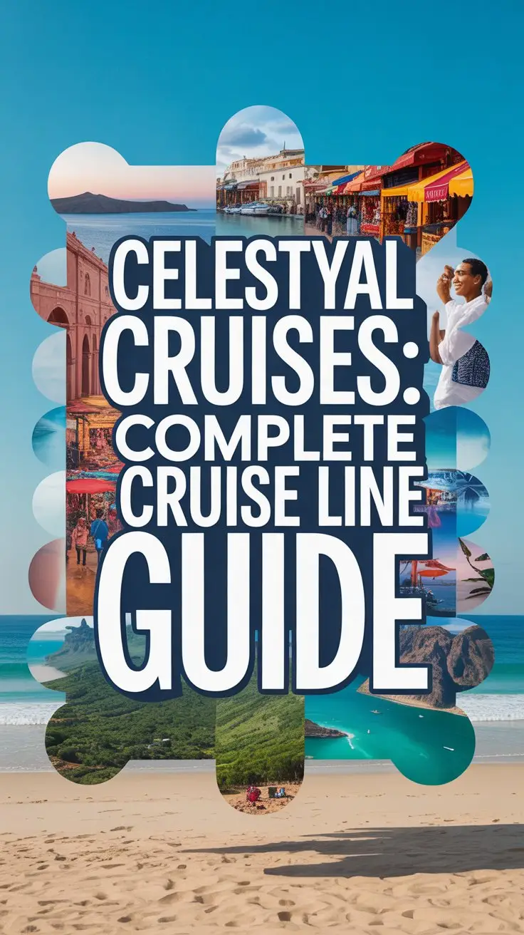 A vibrant travel poster showcasing a curated collage of exotic destinations and immersive cultural experiences, designed to promote "Celestyal Cruises: Complete Cruise Line Guide". The central focus is a large, stylized box containing the text in bold, crisp white lettering, dramatically positioned at the center. Surrounding the text is a dynamic arrangement of images featuring bustling marketplaces in Marrakech, serene beaches in the Greek Isles, and lush rainforests of Costa Rica, all subtly blending together. The background is a warm, inviting gradient of turquoise and sand, evoking a sense of adventure and discovery while drawing the eye to the prominently displayed title.