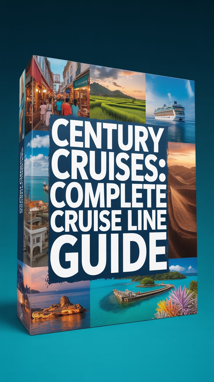 A dynamic product advertisement for Century Cruises showcasing a vibrant collage of exotic travel destinations, including bustling marketplaces in Marrakech, serene rice paddies in Bali, and a close-up of colorful coral reefs in the Maldives, all arranged artfully around a central, large box. The box prominently features the text "Century Cruises: Complete Cruise Line Guide" in bold white lettering, using a clean, modern sans-serif font that ensures maximum readability against a dark teal background, creating a visually striking contrast. Subtle gradients and soft shadows add depth to the collage and box, reinforcing a sense of luxurious adventure while emphasizing the brand’s comprehensive travel offerings, conveying a mood of sophisticated exploration and discovery. The overall aesthetic is clean and contemporary, designed to instantly capture attention and communicate Century Cruises' dedication to providing exceptional travel experiences.