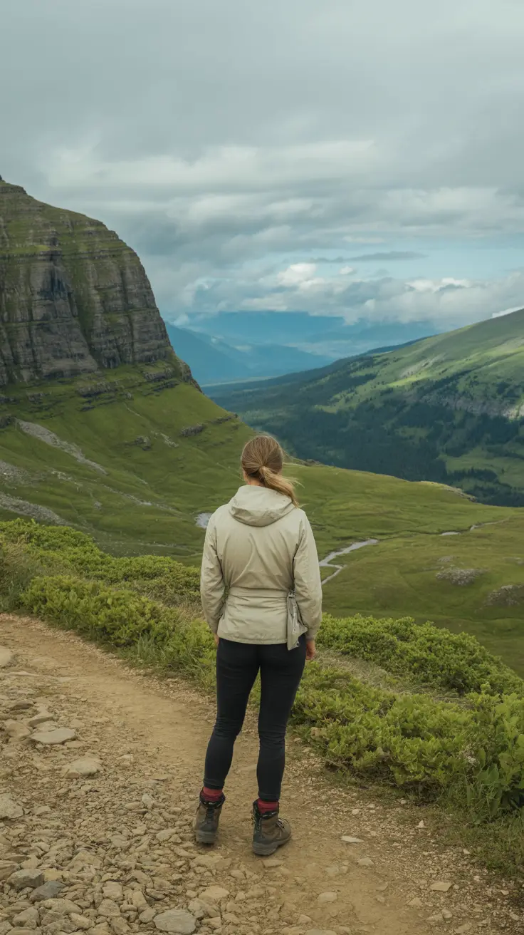 A hiker stands on a sunlit trail with vivid green mountains behind and distant clouds over a shadowed valley, wearing dusty boots and a light jacket tied at the waist.
