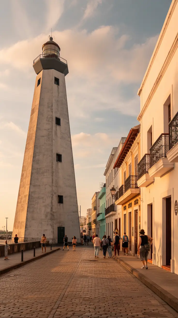 A high-resolution photograph capturing a sunlit contrast between the stark, angular concrete facade of the Columbus Lighthouse and the warm, timeworn cobblestones of Santo Domingo’s Colonial Zone, with Spanish colonial buildings featuring wrought-iron balconies and terracotta roofs, and lively street musicians and pedestrians under a sky streaked with soft clouds.