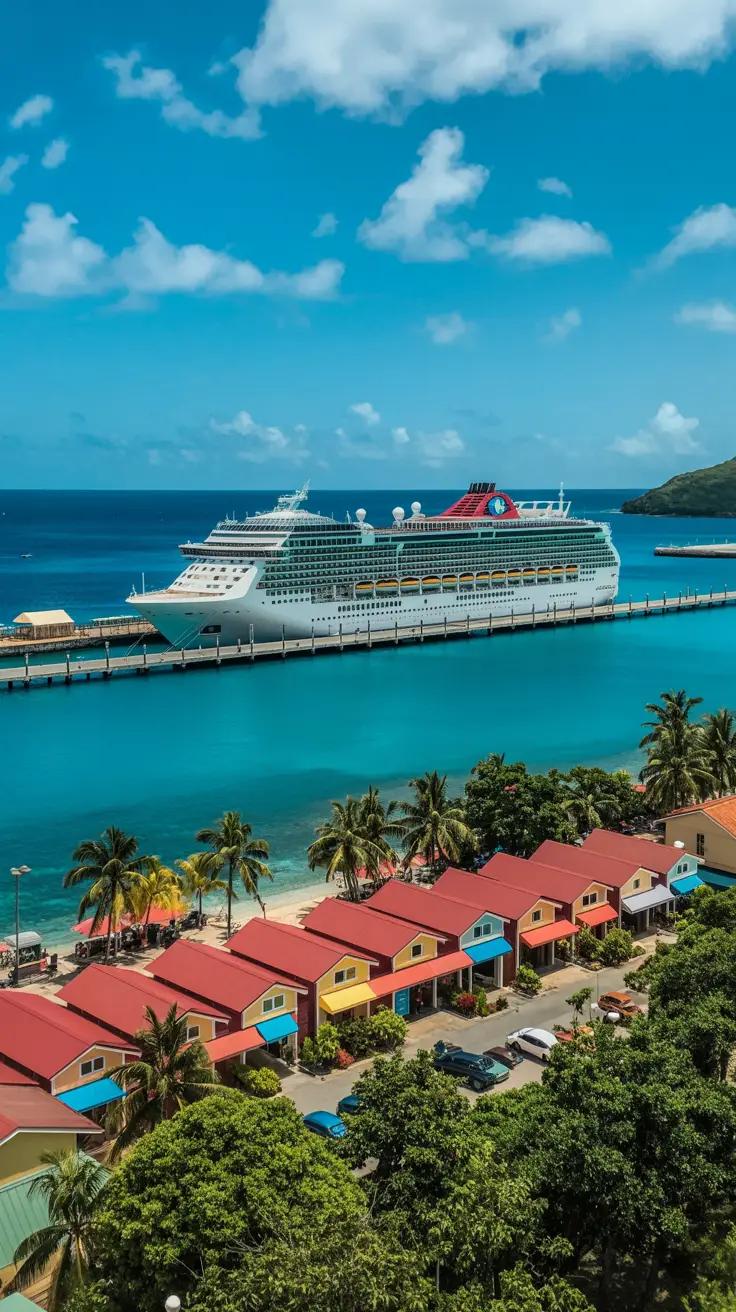 A sunny aerial view of the Amber Cove Cruise Terminal featuring a large cruise ship docked at the pier, turquoise waters gently lapping against the shore, and the colorful cluster of red-roofed buildings nestled among lush green palms that house the terminal’s shops and amenities.