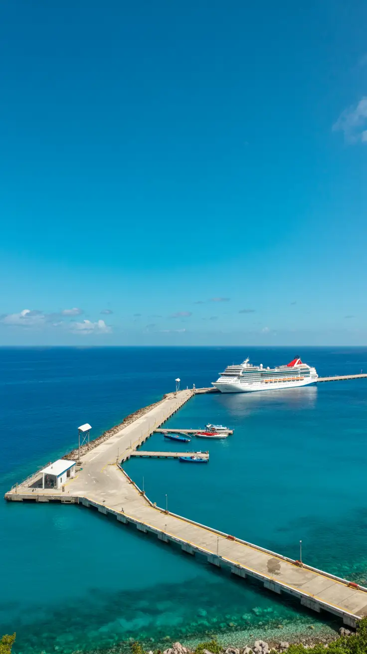 A crystal-clear view of Barahona’s new cruise port under a bright blue sky, with a gleaming dock stretching into turquoise waters and a white cruise ship anchored nearby.