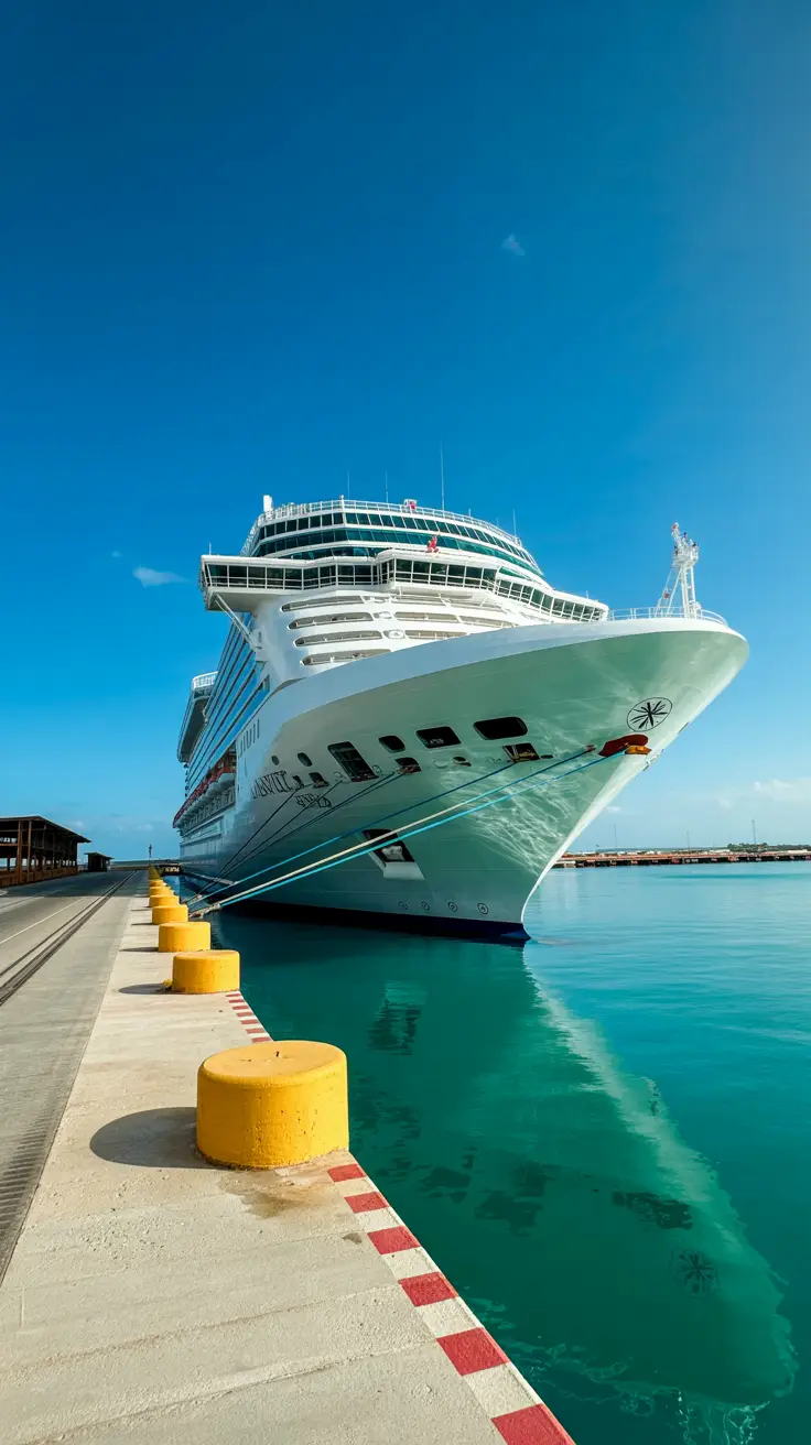 A crisp, high-resolution image captures a sleek white cruise ship docked at the brand-new Cabo Rojo terminal, gleaming under a clear blue sky. The calm turquoise water reflects the ship’s hull, and the sun casts bright shadows on the pristine concrete pier.