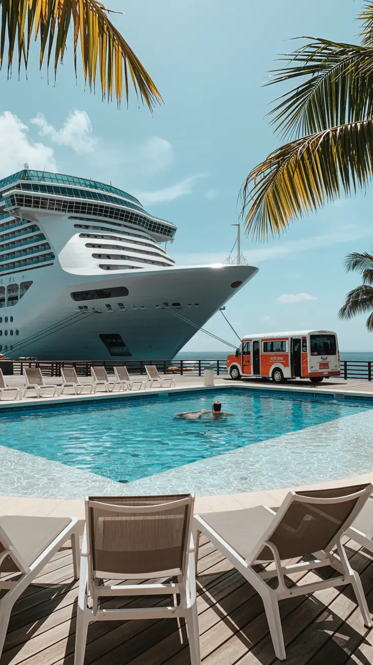 A sun-drenched pool surrounded by lounge chairs and tropical palms, with a luxury cruise ship docked in the background and a small open-air shuttle waiting nearby, ready to transport visitors.