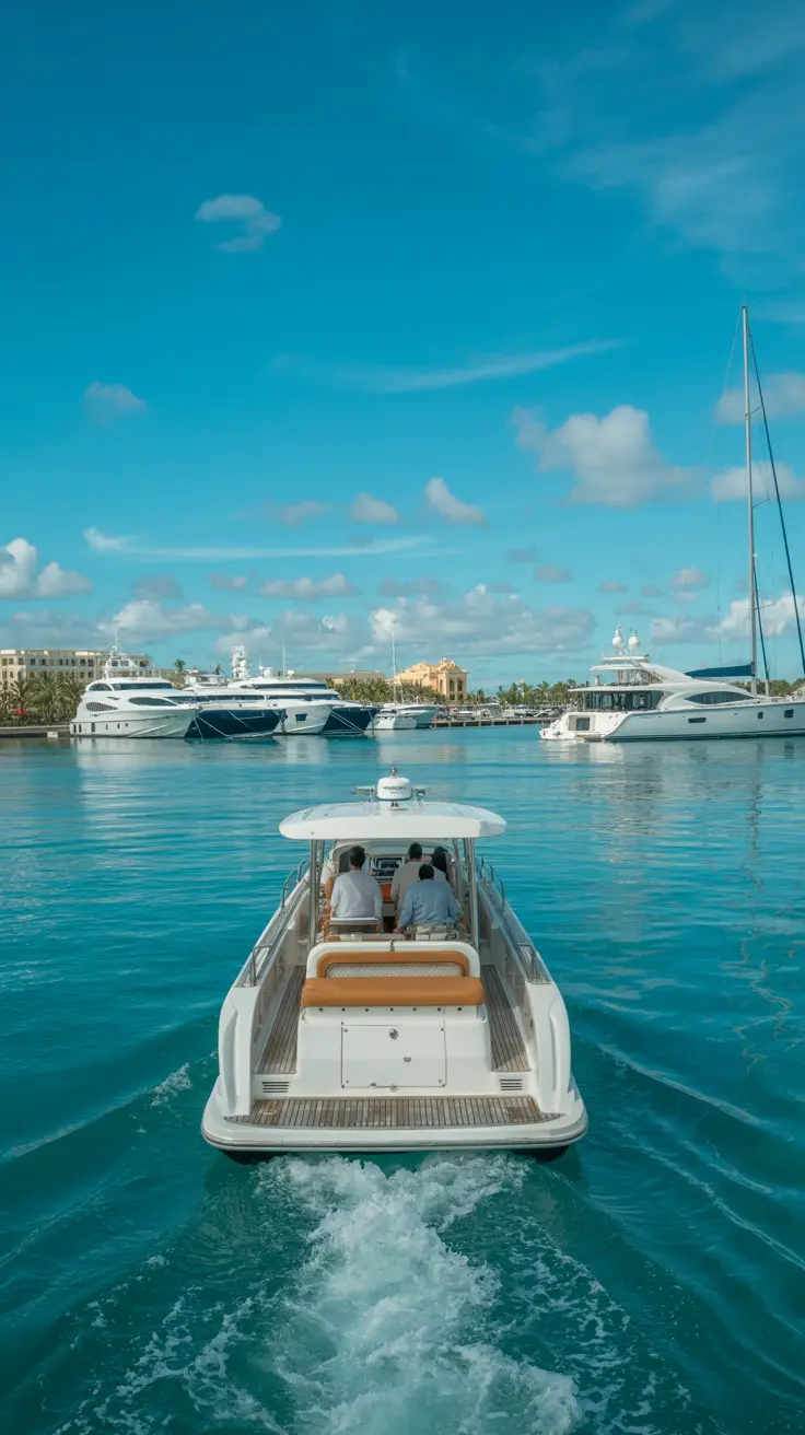 A crystal-clear tender boat glides toward the elegant Cap Cana Marina, where white yachts shimmer under a bright blue sky and golden sunlight reflects off calm turquoise waters.