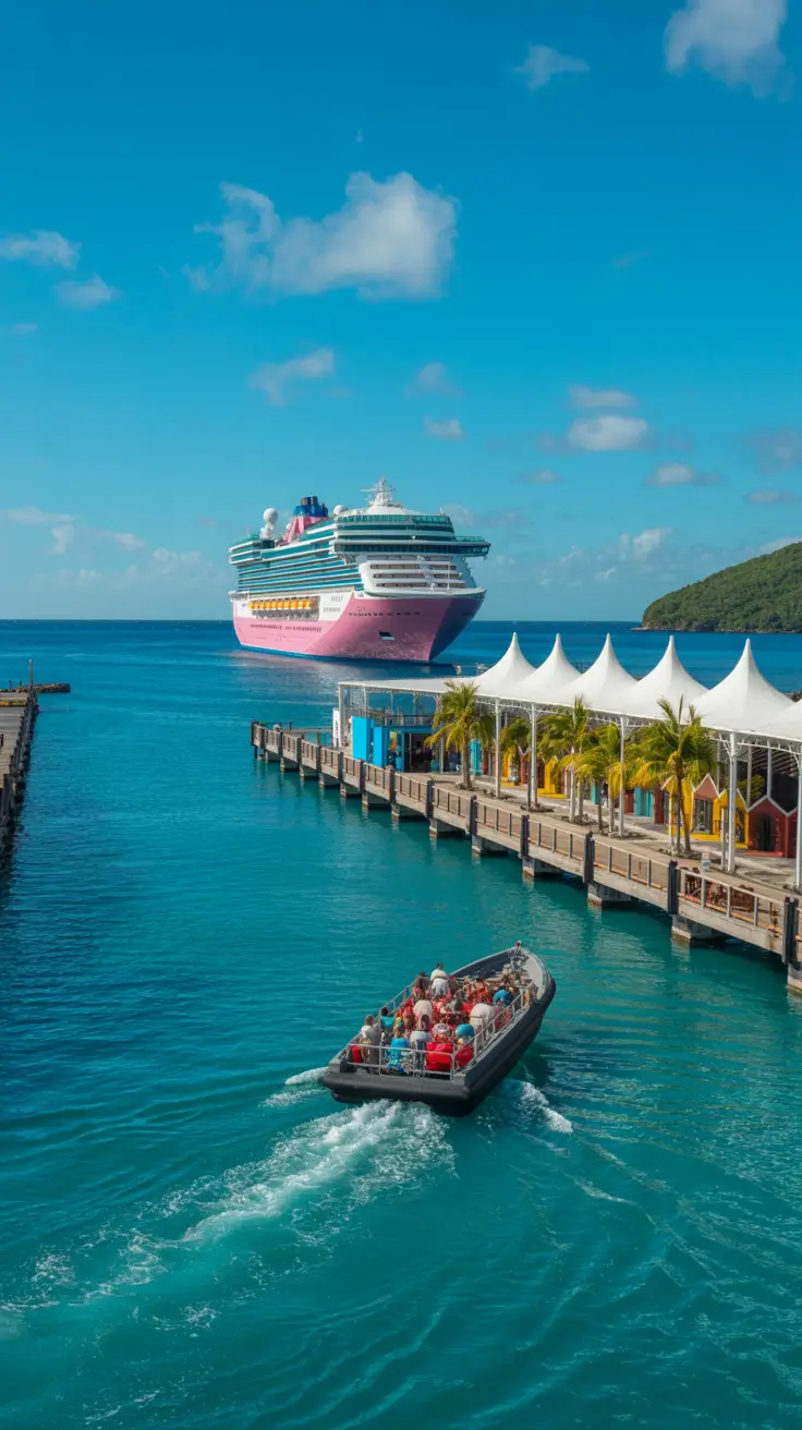A vibrant cruise ship gently floats offshore in the turquoise waters of Samaná Bay under a bright blue sky; in the foreground, a small tender boat filled with passengers approaches a modern, palm-lined cruise terminal with white canopies and colorful local architecture in the background.