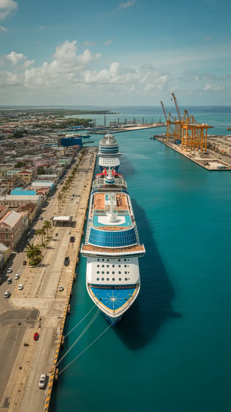 A high-resolution aerial photograph showcases a side-by-side view of Santo Domingo’s current cruise port and the modern 2028 port under construction, contrasting aged docks and colonial buildings with sleek glass terminals, wide berths, and active cranes beside bright turquoise waters.