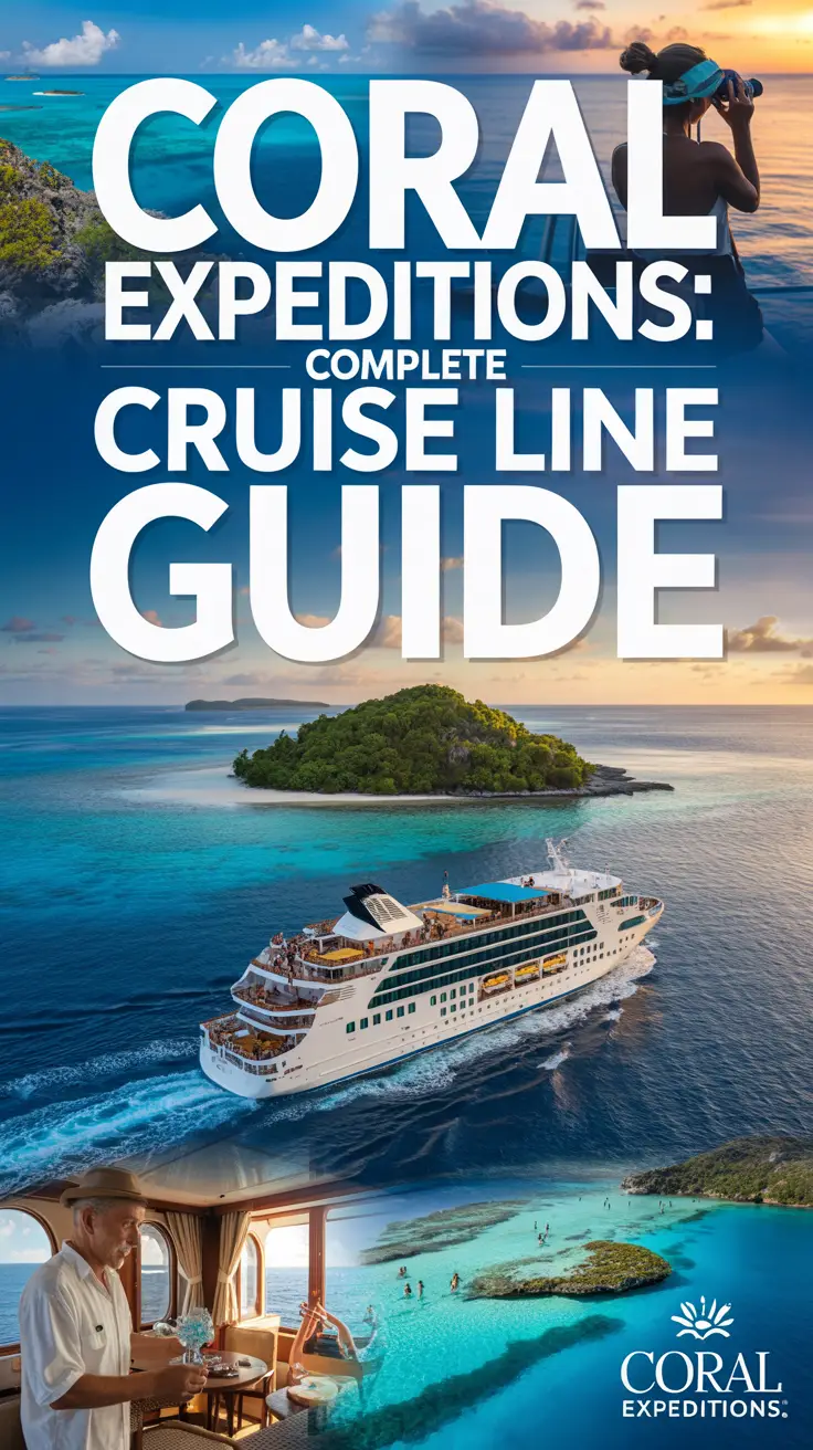A vibrant lifestyle advertisement for Coral Expeditions showcasing a luxurious cruise ship near a tropical island, with coral reefs, snorkeling passengers, and elegant interiors—all bathed in golden-hour light to evoke adventure and relaxation. Alt Tag: Luxurious Coral Expeditions cruise ship near a tropical island with coral reefs, snorkeling guests, and elegant interiors under warm golden-hour sunlight.
