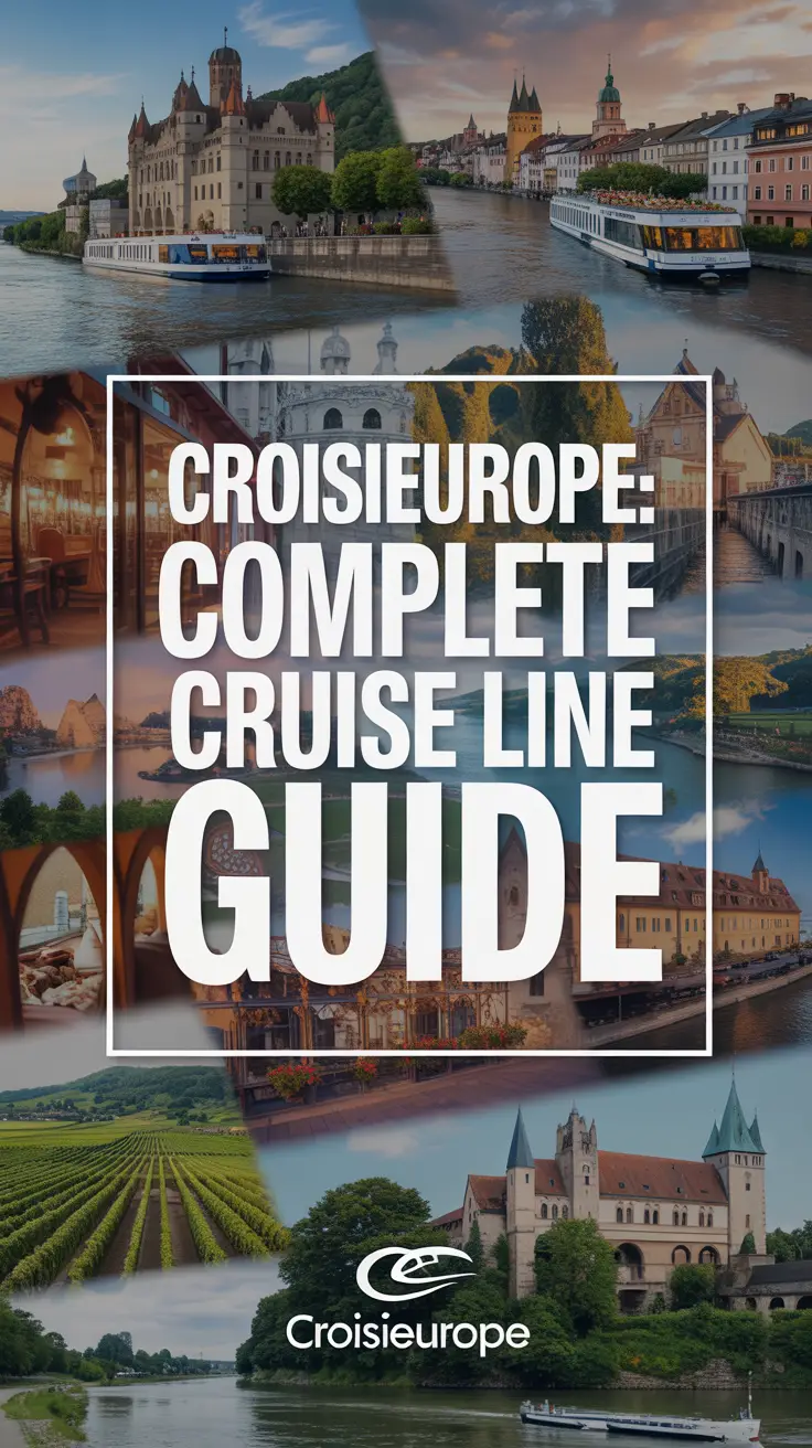 A dynamic product advertisement for CroisiEurope featuring a collage of European river cruise scenes—medieval castles, charming villages, and lush vineyards—under warm natural light. Bold white text reads “CroisiEurope: Complete Cruise Line Guide” overlaid prominently, with a subtle CroisiEurope logo in the corner, evoking adventure and relaxation in a sophisticated, travel-inspired style. Alt Tag: Collage of scenic European river cruise destinations with bold “CroisiEurope: Complete Cruise Line Guide” text overlaid, showcasing castles, vineyards, and villages under warm natural light.