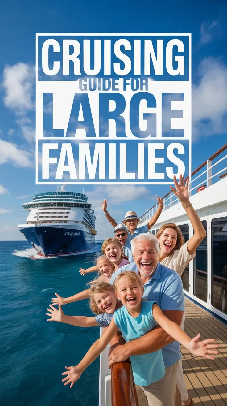 A vibrant travel poster advertising "Cruising Guide For Large Families", designed with a focus on capturing the joy of a multigenerational vacation. The poster showcases a large, smiling family of eight – grandparents, parents, and four children of varying ages – joyfully waving from the deck of a luxury cruise ship against a backdrop of turquoise ocean. The ship is modern, with multiple decks and balconies, while the sky is a bright, sunny blue with fluffy white clouds, and the "Cruising Guide For Large Families" text is prominently displayed in a bold white box overlaying the scene. The overall composition evokes a feeling of excitement and togetherness, perfect for inspiring family travel planning.