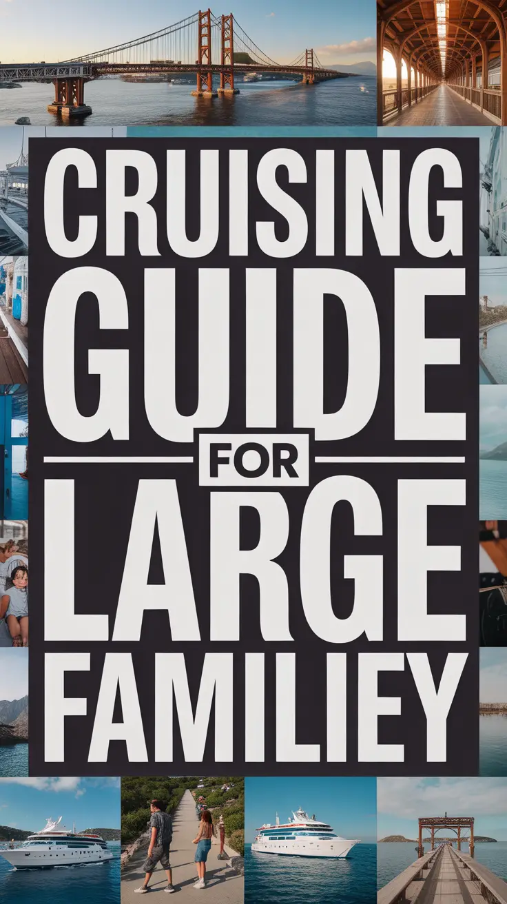 Big text overlay: Cruising Guide for Large Families presented in bold white lettering within a prominent box, surrounded by a vibrant collage of realistic images, designed for maximum visibility and immediate attention.