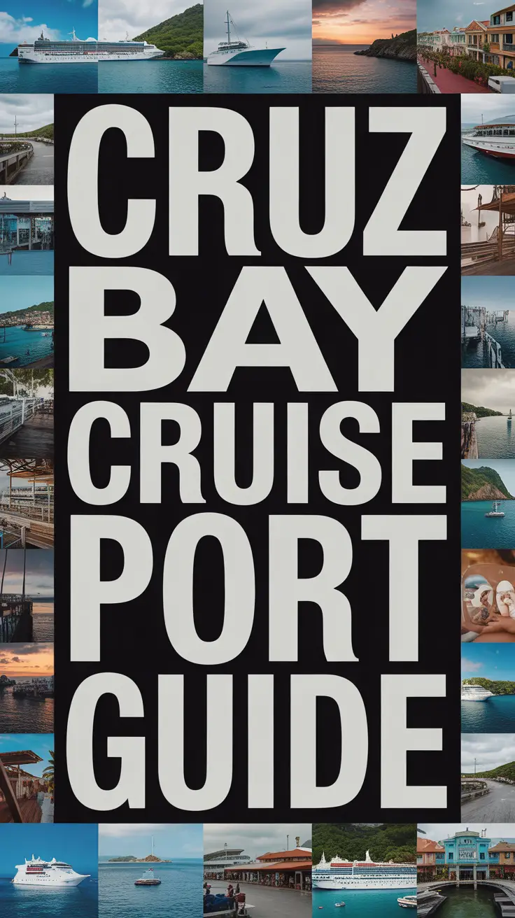 Big text overlay: Cruz Bay Cruise Port Guide. It's designed to immediately grab attention with its thick, distinctive lettering set prominently in a big box, utilizing a simple yet striking bold white color for maximum visibility. Surrounding this eye-catching typography, a collage of vibrant images. No other text.