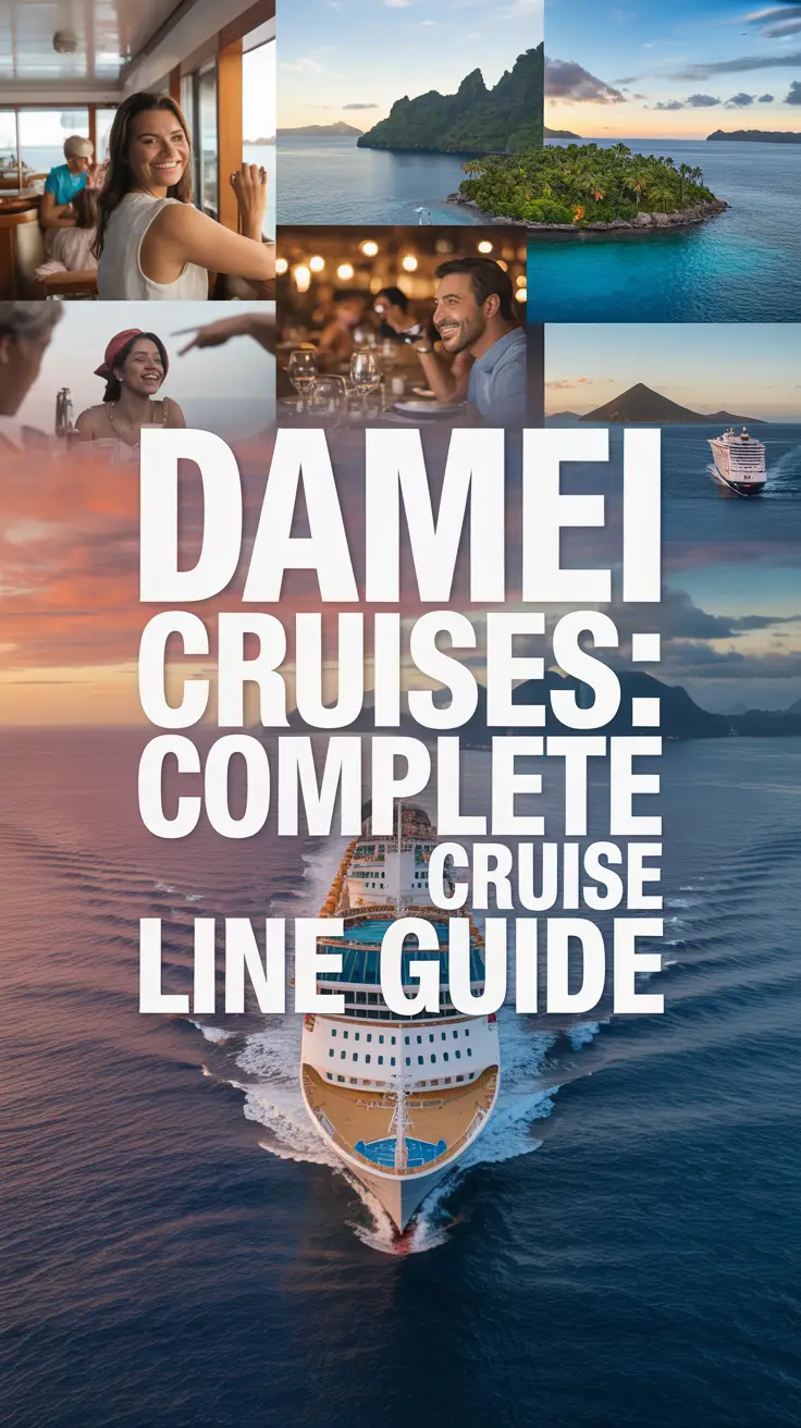 A vibrant lifestyle advertisement for Damei Cruises showcases a luxurious cruise at sunset with scenic island views and a collage of guests enjoying onboard activities, fine dining, and coastal beauty. Centered text highlights "Damei Cruises: Complete Cruise Line Guide," all presented in warm, inviting tones. Alt Tag: Luxurious Damei Cruises ship at sunset with happy passengers, elegant dining, island scenery, and central text promoting the Complete Cruise Line Guide.