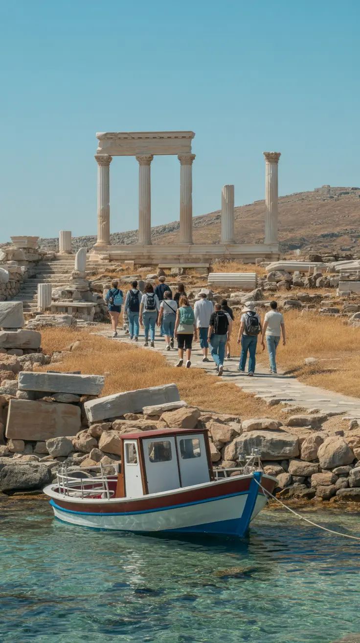 A small group of cruise passengers walk along the ancient stone path of Delos under clear blue skies, with the sun casting sharp shadows on the ruins. In the background, white marble columns rise from the rocky landscape, surrounded by dry golden grass. A traditional tour boat gently rocks in the turquoise water near the shore, waiting below.