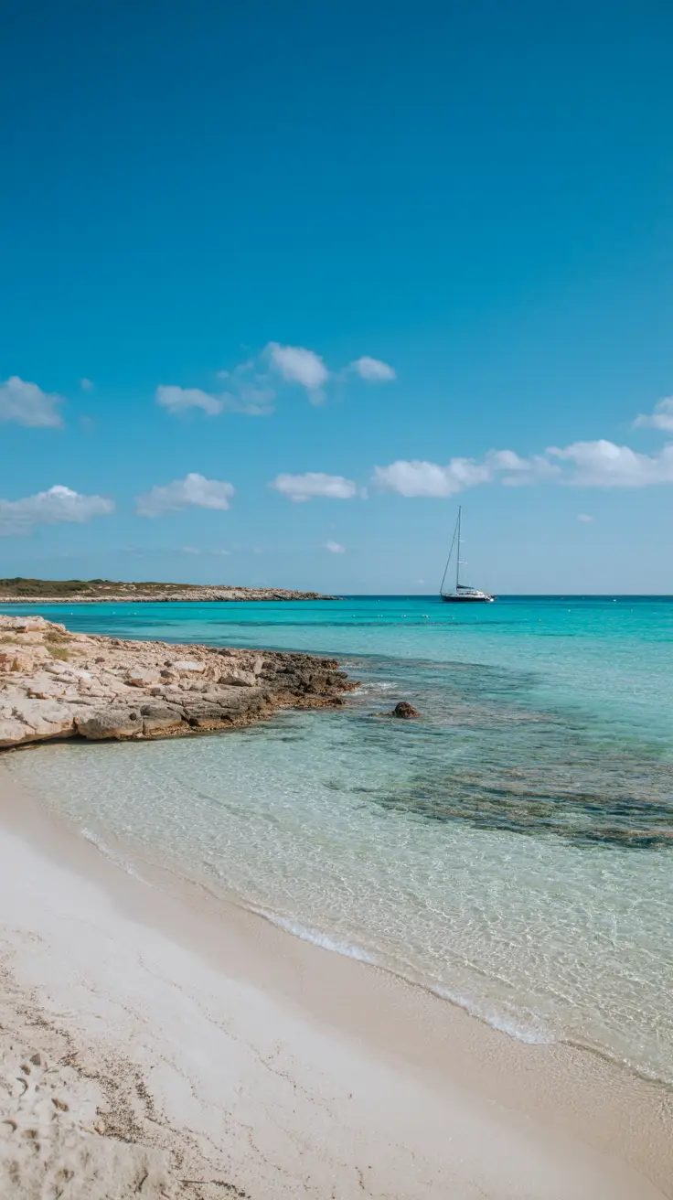 A high-resolution photo captures a pristine white-sand beach in Formentera under a bright, cloudless sky, with turquoise waters gently lapping the shore and a lone sailboat anchored in the distance.