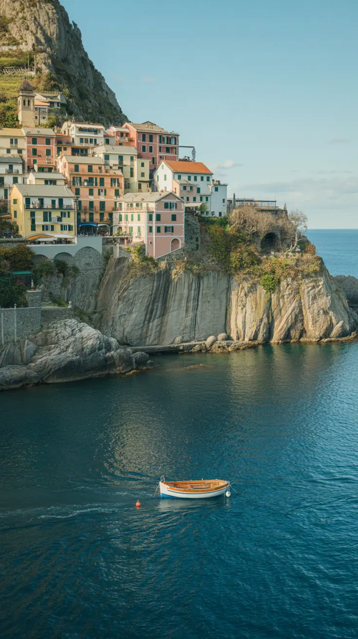 A sunlit cliffside village with pastel houses clinging to the rocks above the sparkling blue sea, a small boat drifting below on calm, clear water.