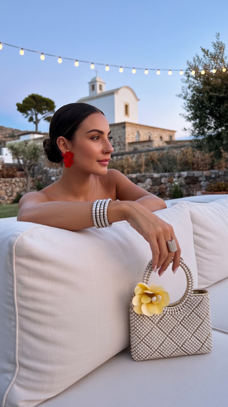A captivating, warm-toned photograph showcases a woman gracefully seated on a pristine white outdoor sofa, embodying understated luxury against a Mediterranean vista. She is a medium-sized woman with her dark hair elegantly styled in a sleek bun, accentuated by striking red statement earrings and a thick silver bracelet and matching ring on her hand resting casually on the sofa arm. Behind her, a traditional white Mediterranean church with a domed roof glows softly under a string of warm lights, complementing the soft blue sunset sky and the surrounding stone walls, olive trees, and rugged terrain. A decorative white beaded handbag with a delicate yellow flower detail rests beside her, creating a scene of serene beauty and timeless elegance.