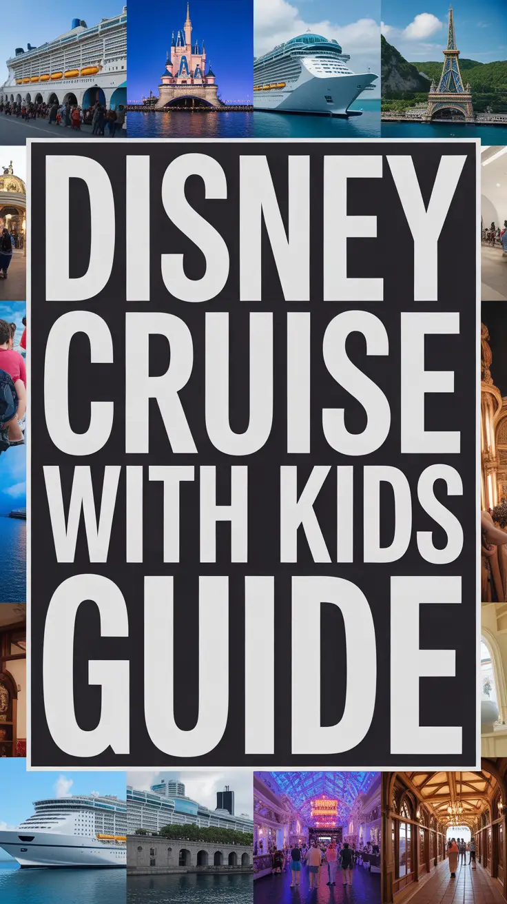 Big text overlay: Disney Cruise with Kids Guide. It's designed to immediately grab attention with its thick, distinctive lettering set prominently in a big box, utilizing a simple yet striking bold white color for maximum visibility. Surrounding this eye-catching typography, a collage of vibrant images. No other text. Alt Tag description: Bold white text reading "Disney Cruise with Kids Guide" centered in a thick boxed overlay, surrounded by a vibrant collage of family-friendly Disney cruise images, designed to attract attention with realistic and colorful visuals.