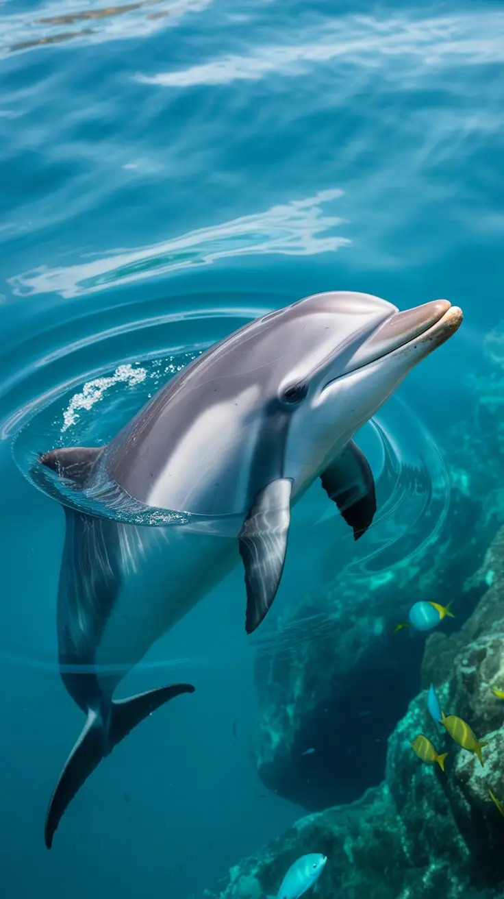 A photograph of a sleek, grey dolphin gracefully swimming horizontally through the crystal-clear turquoise waters of Bimini. The dolphin's smooth skin glistens in the bright sunlight, and its dorsal fin cuts through the water with effortless power as it moves to the left of the frame. Sunlight dances on the water's surface, creating shimmering patterns around the dolphin, and the background reveals a vibrant coral reef teeming with colorful fish. The scene is illuminated by the warm glow of a clear, sunny day, enhancing the peaceful and serene atmosphere.