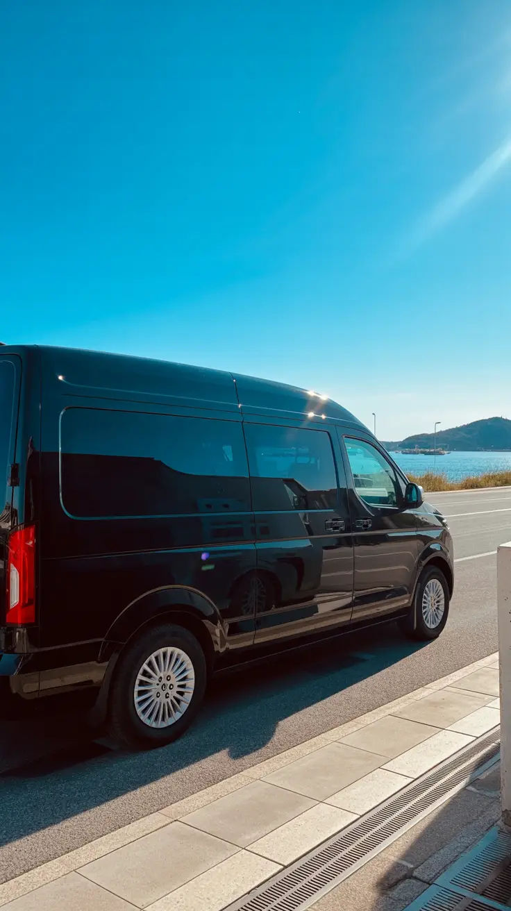 A sleek black van waits by the curb at Dubrovnik Airport under a bright blue sky, sunlight glinting off its polished surface.