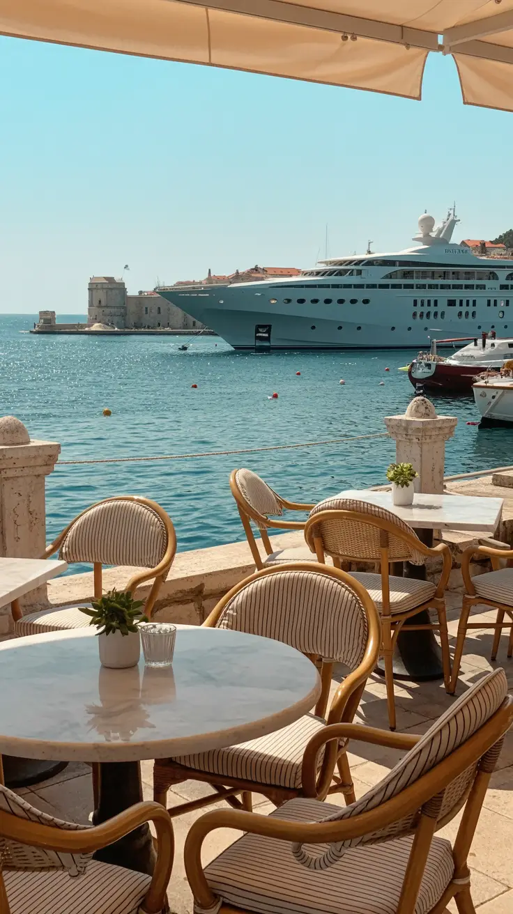 A sunlit outdoor café overlooking the Dubrovnik cruise port, featuring neatly arranged tables with wicker chairs, and a scenic view of luxurious yachts shimmering on turquoise waters.