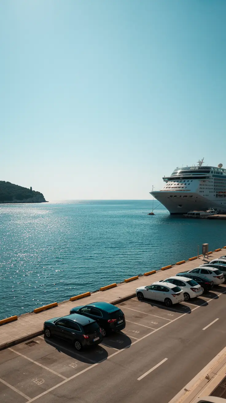 A bright, sunny day at Dubrovnik Cruise Port shows a neatly arranged parking lot beside the glistening Adriatic Sea, with a few parked cars casting soft shadows on the clean pavement and a large cruise ship docked in the distance.