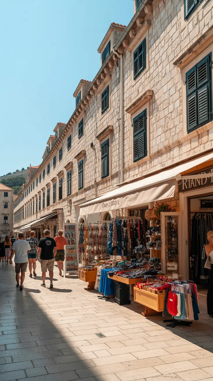 A bright sunny day casts crisp shadows on a row of quaint stone shops near Dubrovnik’s cruise port, where travelers browse colorful local crafts and sleek duty-free displays, the Adriatic shimmering in the background.