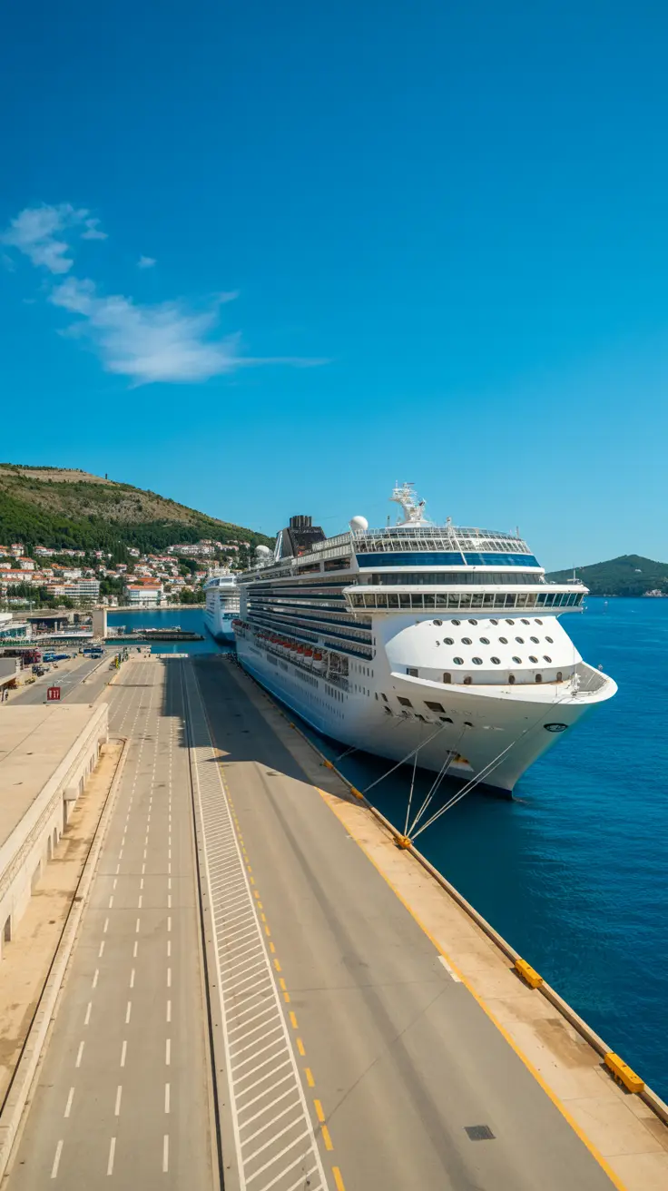 A high-resolution photo captures a bright sunny day at Dubrovnik Cruise Port Terminal, showing sleek white cruise ships docked beside a clean, spacious terminal with clearly marked pathways and neatly arranged transport lanes, set against the deep blue Adriatic Sea and a backdrop of green hills.