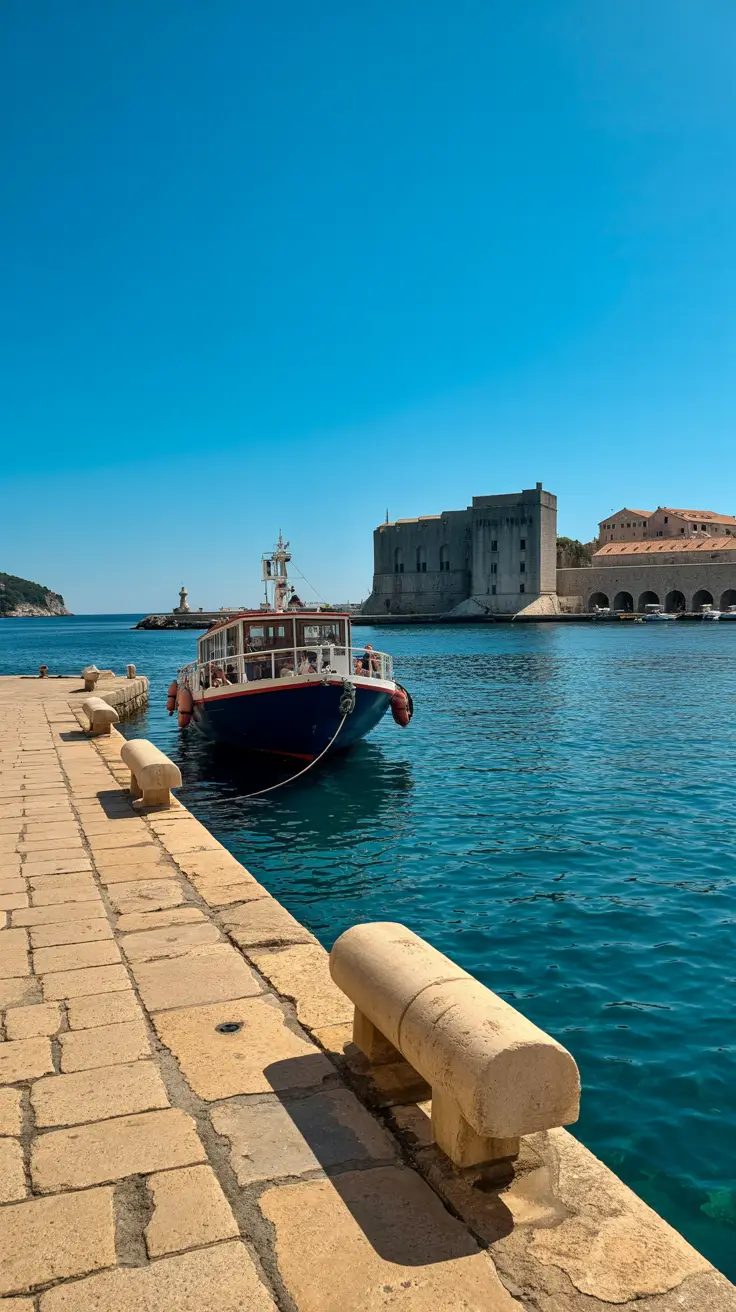A bright sunny day casts sharp shadows on the stone docks of Dubrovnik Port, where a small ferry gently rocks beside the pier, with the ancient city walls rising in the near distance under a clear blue sky.