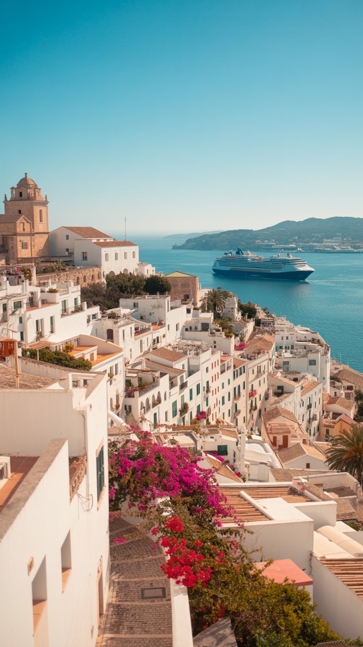 A photograph of the historic Dalt Vila, the old town of Ibiza, bathed in the warm glow of a bright sunny day. The whitewashed buildings with terracotta roofs cascade down the hillside towards the turquoise Mediterranean Sea, showcasing narrow cobblestone streets and vibrant bougainvillea spilling over balconies. In the distant background, a large cruise ship glides across the water, its white hull contrasting against the deep blue horizon. Soft shadows accentuate the textures of the ancient walls and the vibrant colors of the town, creating a picturesque and timeless scene.