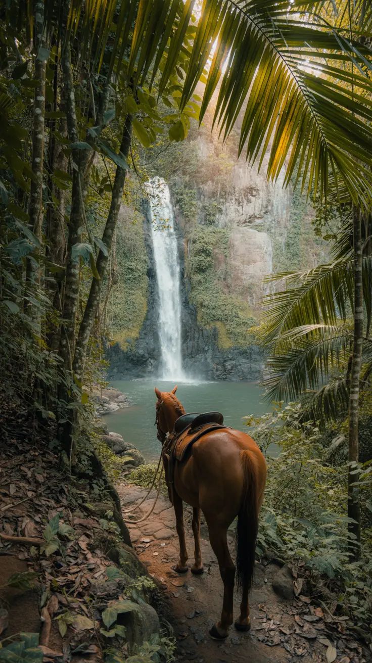 A narrow jungle trail winds through dense tropical greenery, leading to a majestic El Limón Waterfall cascading over a rocky cliff into a turquoise pool below. In the foreground, a saddled horse stands at rest, its coat glistening with moisture from the humid air. Sunlight filters softly through palm fronds overhead, casting dappled light on the forest floor.