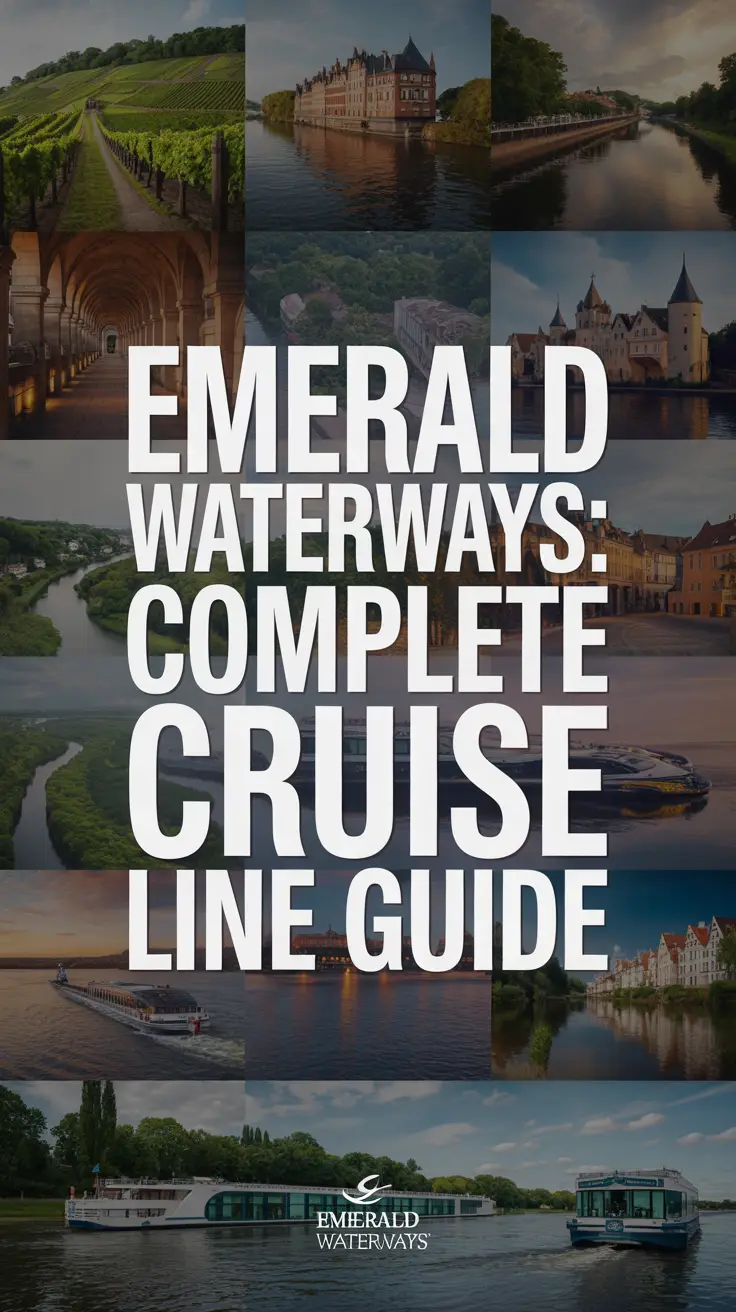 A product advertisement for Emerald Waterways featuring a panoramic collage of luxury river cruise destinations—French vineyards, German castles, and Eastern European waterways—styled with warm, natural lighting and a large white text box reading “Emerald Waterways: Complete Cruise Line Guide.” The design conveys elegance, tranquility, and upscale travel. Alt Tag: Elegant Emerald Waterways cruise ad with panoramic collage of French vineyards, German castles, and Eastern European rivers, featuring warm lighting and bold white guide title.