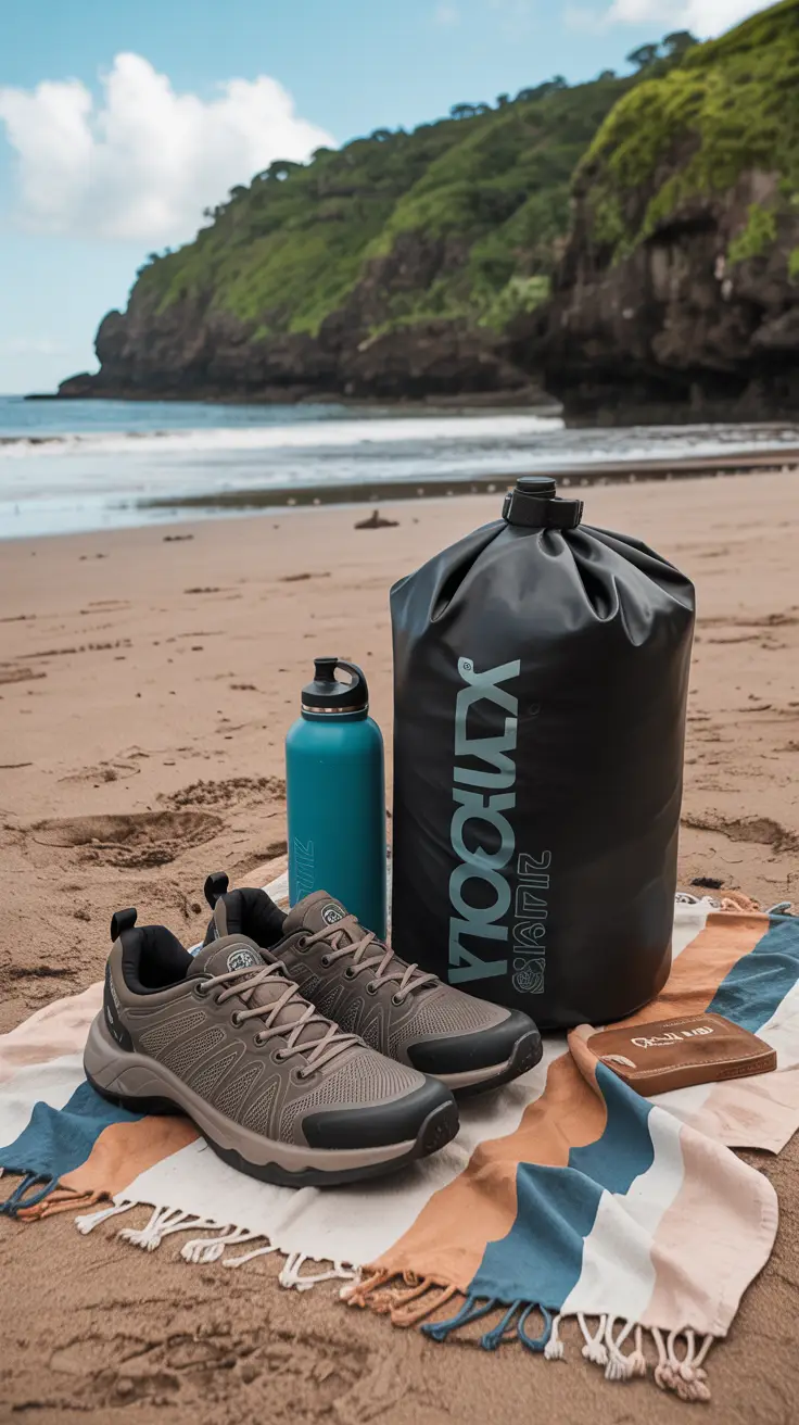 Budget-friendly travel gear including walking shoes, a dry bag, and a reusable water bottle arranged on a beach towel in a natural setting in Samana.