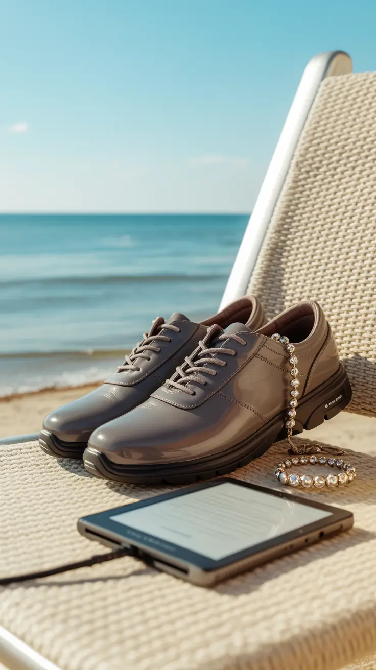 A sleek pair of leather walking shoes, a glinting bracelet, and an e-reader rest on a sunlit deck chair with the bright sea and clear blue sky in the background.