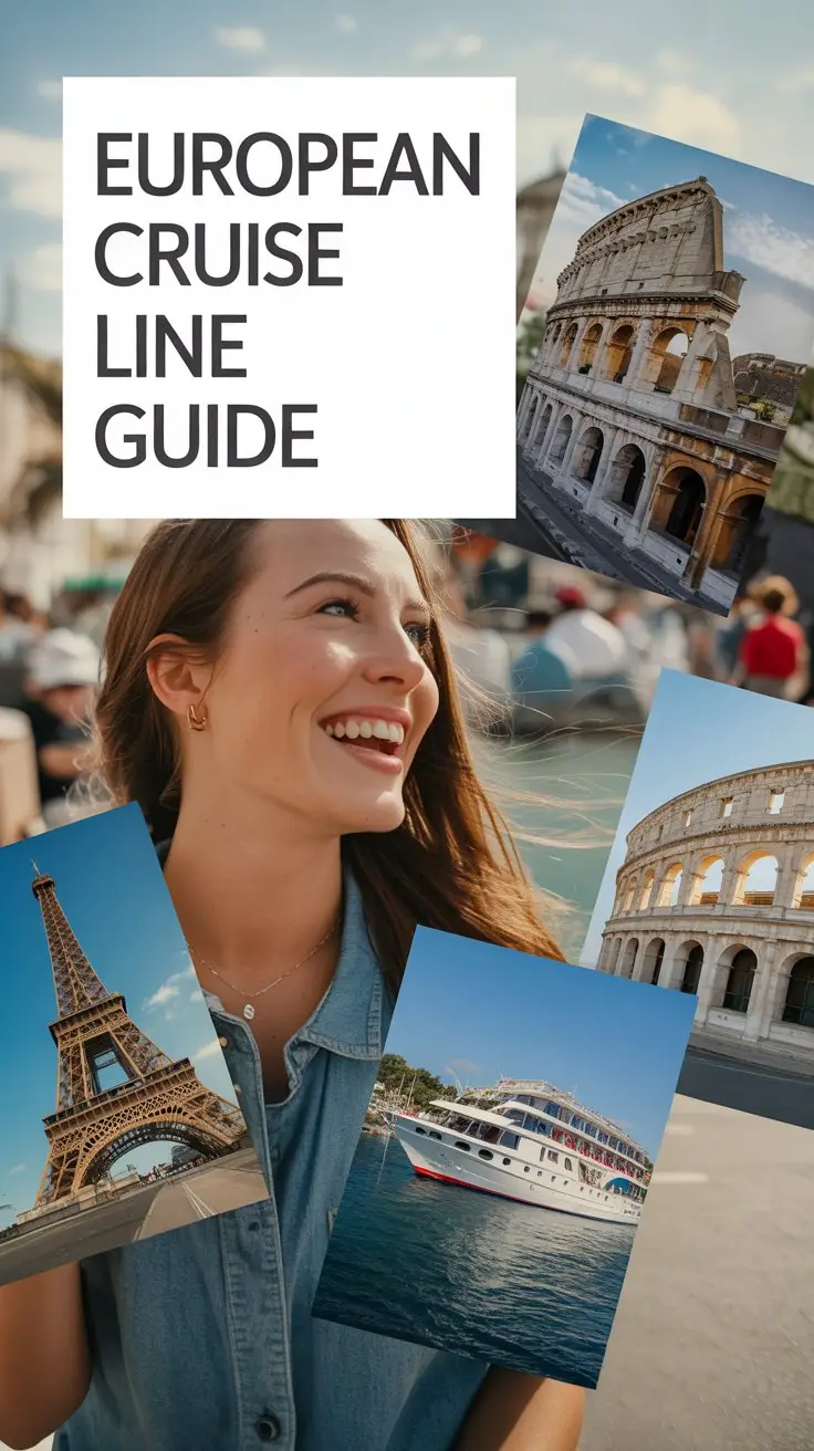 A vibrant lifestyle advertisement for the "European Cruise Line Guide" features a dynamic collage of images depicting iconic European landmarks – the Eiffel Tower, Roman Colosseum, and Santorini’s white-washed buildings – arranged in a playful, overlapping composition. The scene is bathed in warm, natural light with a slightly desaturated color palette evoking a sense of wanderlust and exploration, utilizing a shallow depth of field to softly blur the background and draw focus to the central elements. A large, bold white box dominates the top portion of the image, prominently displaying the text "European Cruise Line Guide" in a clean, modern font, ensuring immediate visibility and readability, while a subtle texture overlay gives the entire image a premium, travel-inspired aesthetic. The overall mood is optimistic and inviting, conveying the ease and excitement of planning a European cruise adventure.