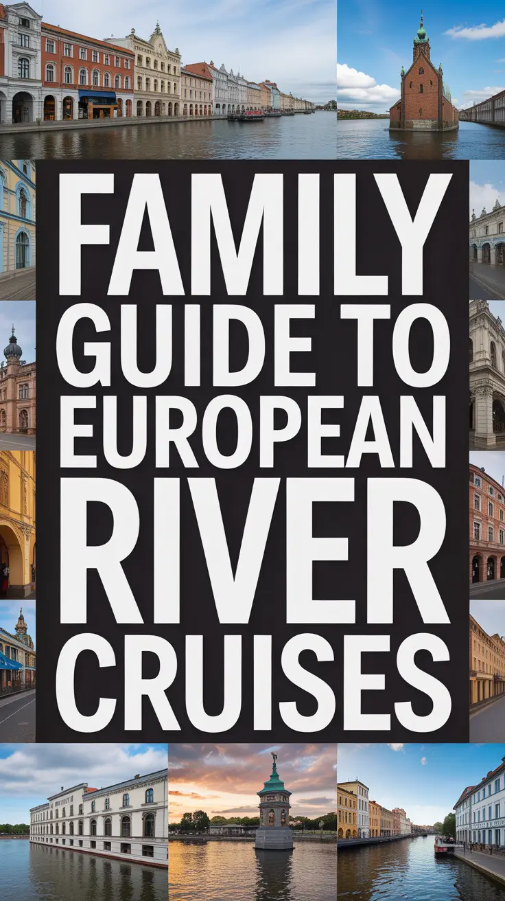 Big text overlay: Family Guide to European River Cruises. It's designed to immediately grab attention with its thick, distinctive lettering set prominently in a big box, utilizing a simple yet striking bold white color for maximum visibility. Surrounding this eye-catching typography, a collage of vibrant images. No other text. Alt Tag: Bold white text reading “Family Guide to European River Cruises” stands out prominently in a large box, surrounded by a vibrant collage of colorful travel images, creating an eye-catching and informative travel promotional visual.