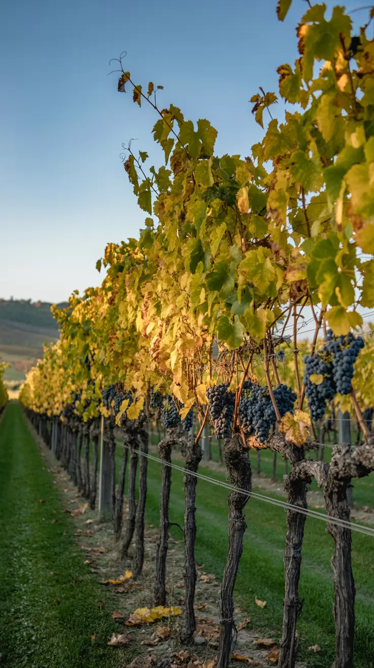 Sunlight warms a quiet Tuscan vineyard with golden leaves and ripe grapes under a clear blue sky.