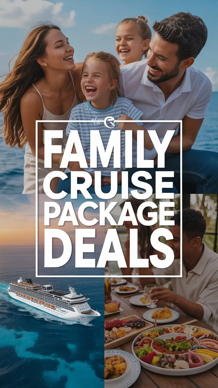 A vibrant lifestyle advertisement showcasing a family enjoying a luxurious cruise, centered around the text overlay "Family Cruise Package Deals" in bold white lettering encased within a sleek, modern rectangular box. The background features a dynamic collage of images – a family laughing on a sun-drenched deck, crystal-clear turquoise waters, and a delicious buffet spread – seamlessly blending together to evoke a sense of adventure and relaxation. Subtle brand logos of various cruise lines are discreetly integrated within the collage, while a soft, warm lighting illuminates the scene, creating a welcoming and aspirational mood. The overall aesthetic is clean, modern, and inviting, designed to inspire wanderlust and convey the ease and joy of a family vacation at sea.