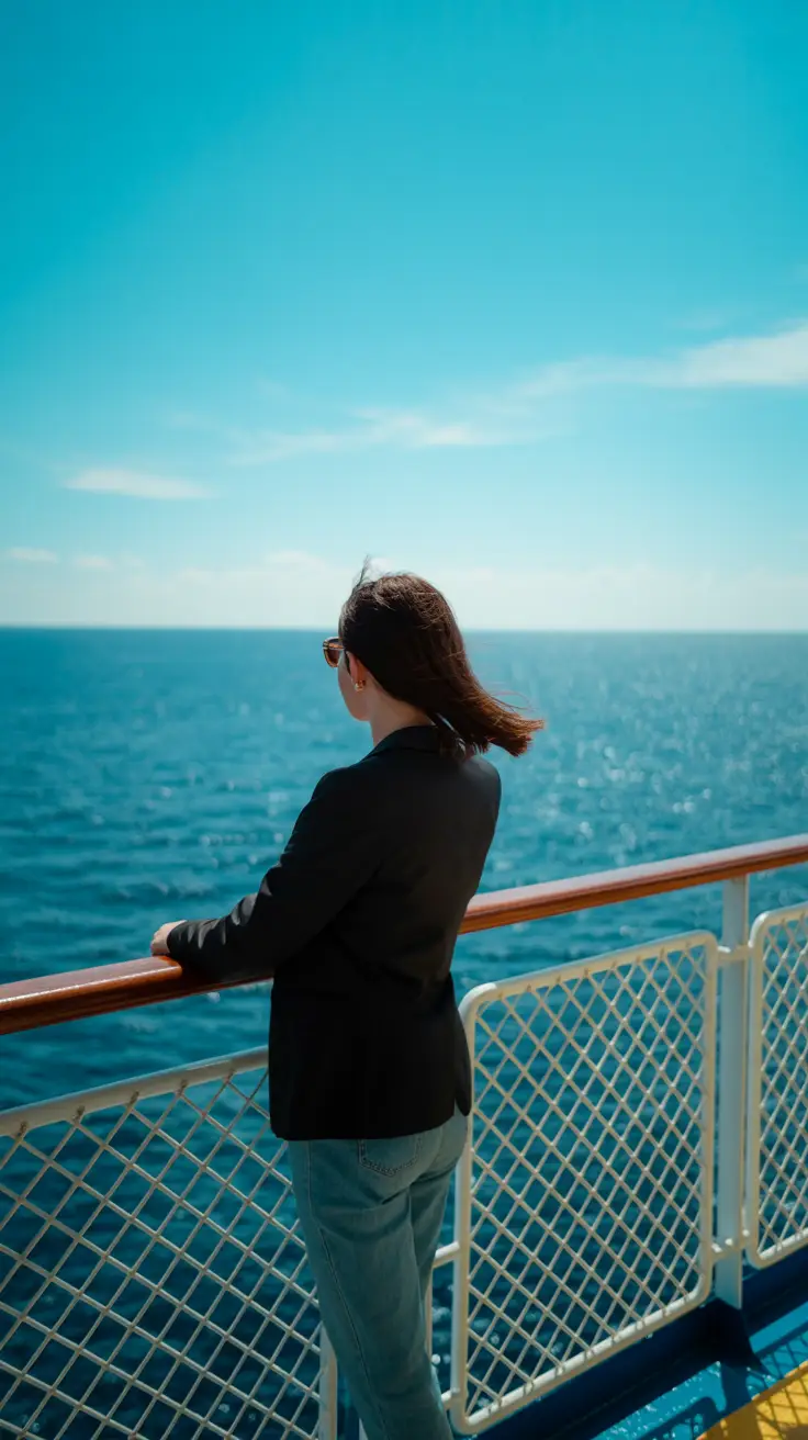 A lone woman stands at the ship’s railing, gazing out over a sparkling blue sea under a clear, sunny sky.