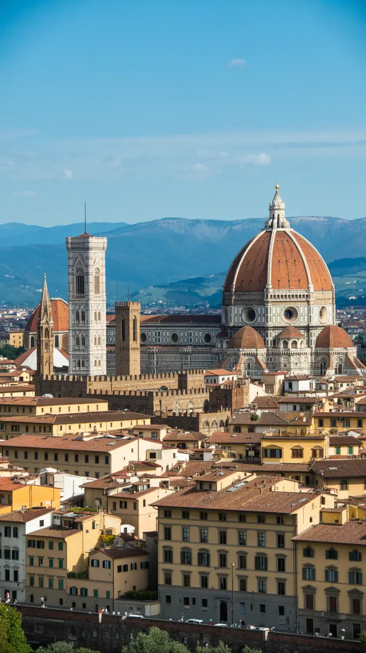 A bright, sunlit view of Florence’s iconic Duomo rising above terracotta rooftops, seen from a quiet hillside overlook, captured in crisp detail under a clear blue sky.