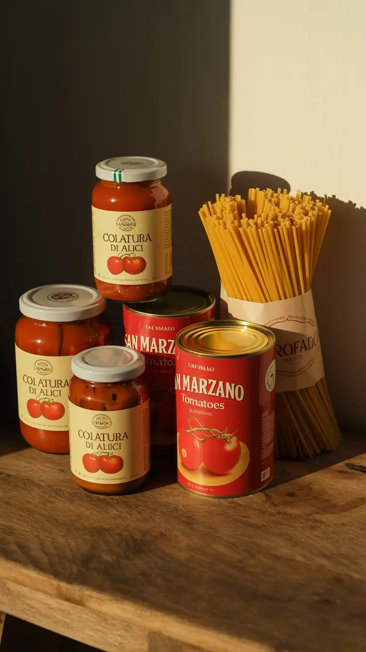 A sunlit wooden table displays jars of colatura di alici, San Marzano tomato cans, and Garofalo pasta bundles casting soft golden shadows.