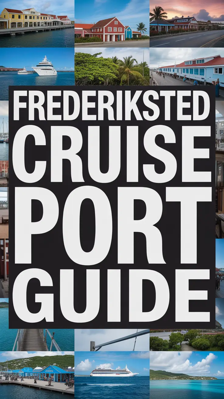 Big text overlay: Frederiksted Cruise Port Guide. It's designed to immediately grab attention with its thick, distinctive lettering set prominently in a big box, utilizing a simple yet striking bold white color for maximum visibility. Surrounding this eye-catching typography, a collage of vibrant images. No other text. Alt Tag: Bold white text reading "Frederiksted Cruise Port Guide" in a large box over a vibrant collage of travel and port-related images, designed to catch attention with clean, realistic styling.