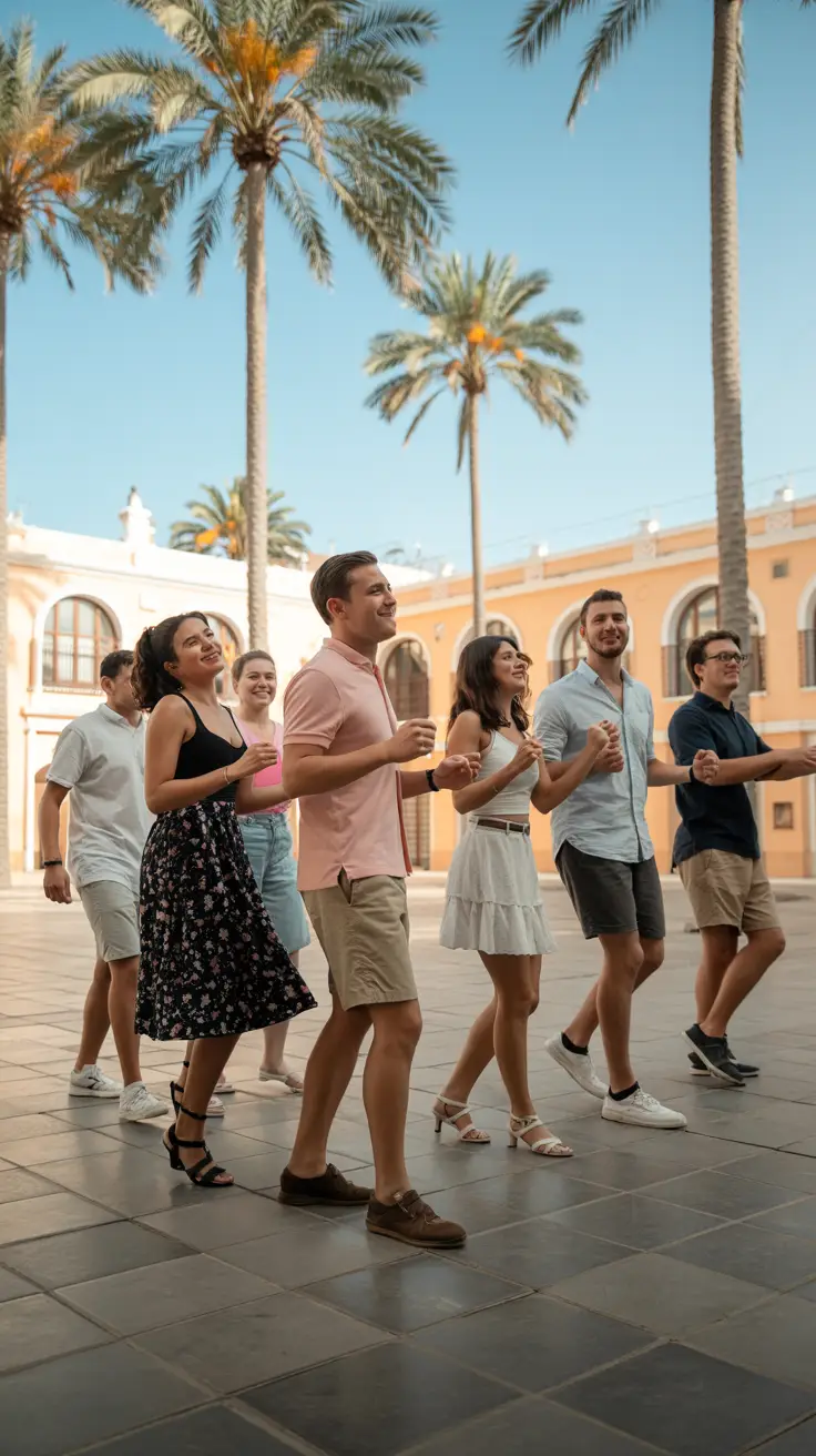 Smiling tourists sway in rhythm during a salsa dance lesson under palm trees on a sunny courtyard.